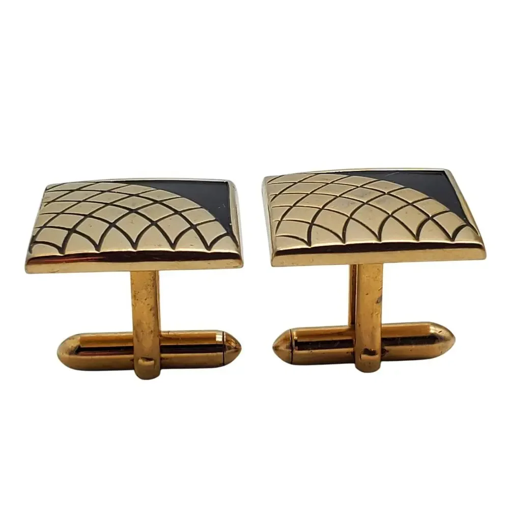 Art Deco Cufflinks Gold Black Enamel Geometric Square Modernist Fan Swank Retro